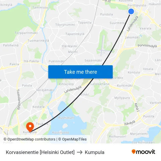 Korvasieni Road [Helsinki Outlet] to Kumpula map