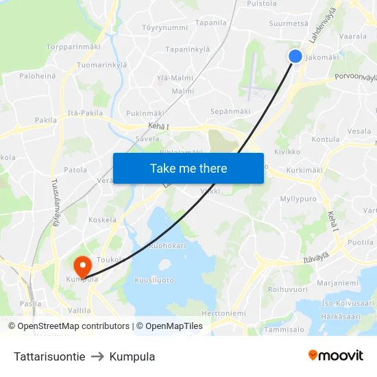 Tattarisuontie to Kumpula map