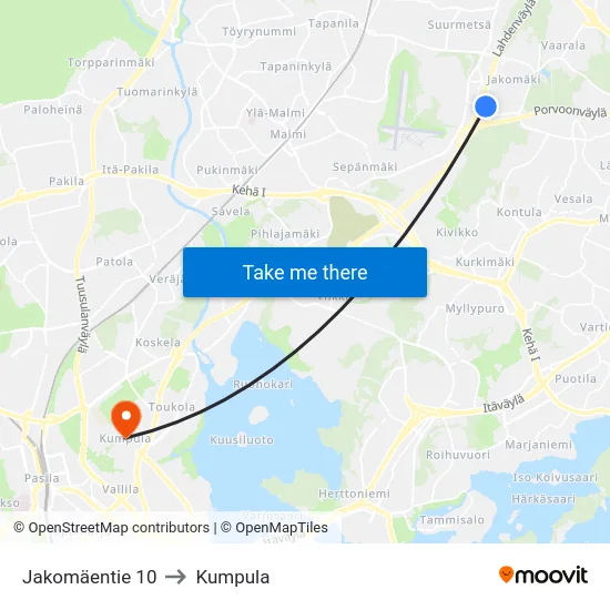 Jakomäentie 10 to Kumpula map