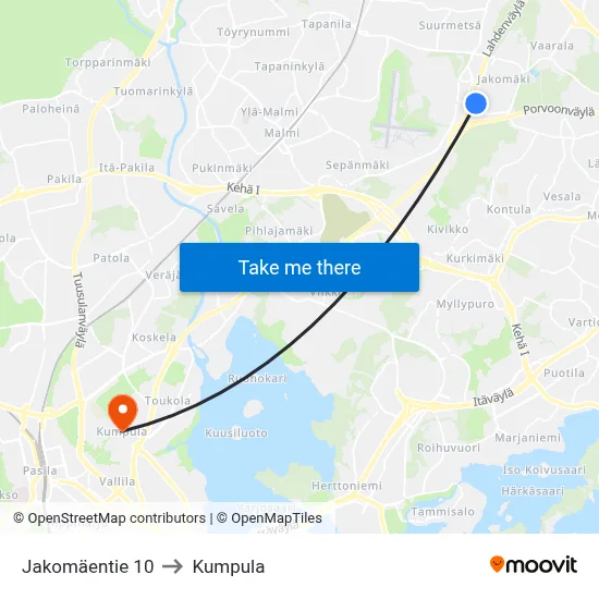 10 Jakomäentie to Kumpula map