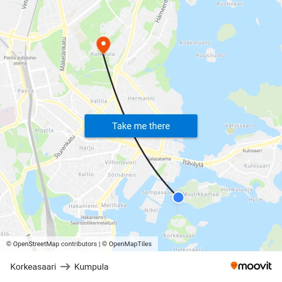 Korkeasaari to Kumpula map