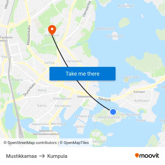 Mustikkamaa to Kumpula map