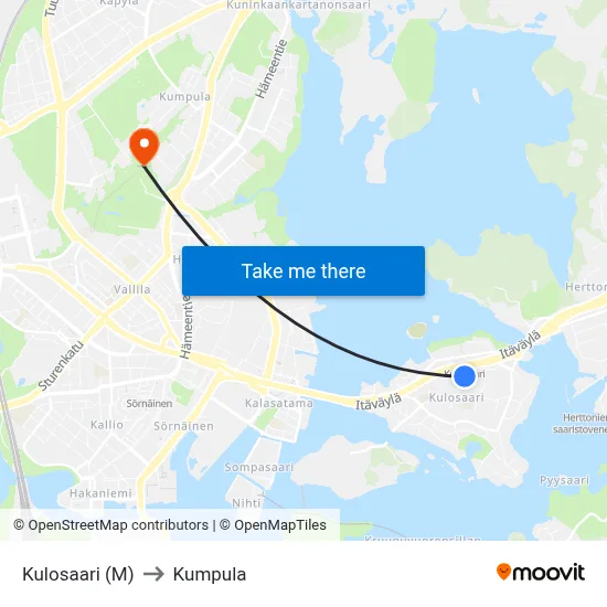 Kulosaari (M) to Kumpula map