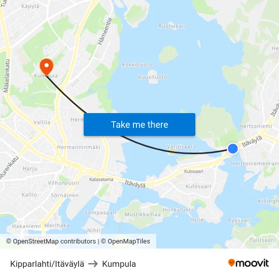 Kipparlahti/Itäväylä to Kumpula map