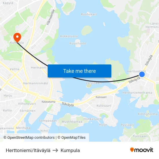Herttoniemi/Itäväylä to Kumpula map