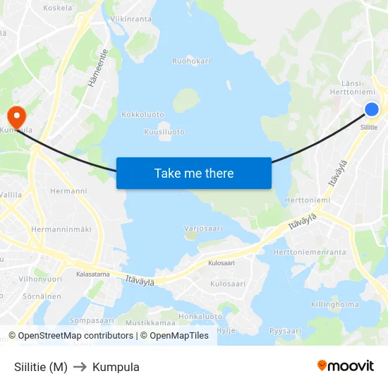 Siilitie (M) to Kumpula map