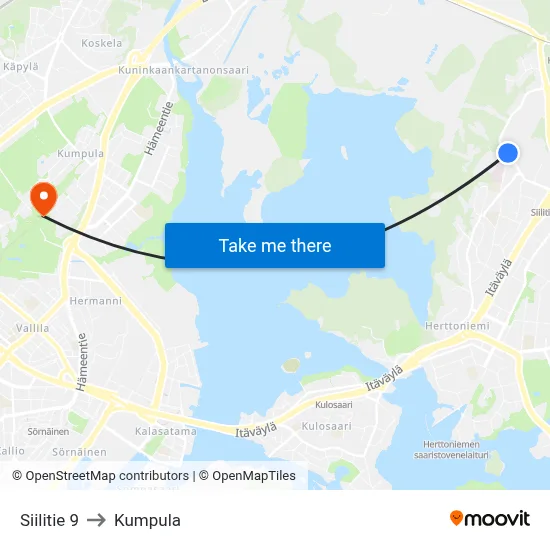 Siilitie 9 to Kumpula map