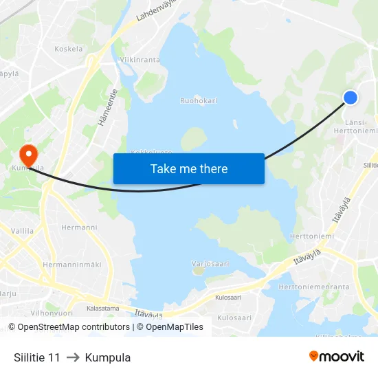 Siilitie 11 to Kumpula map