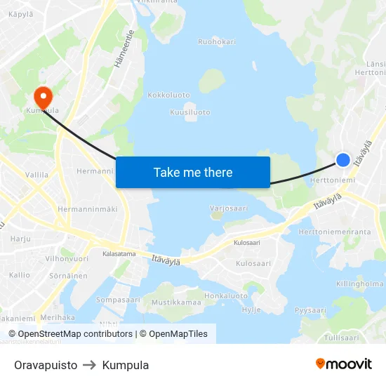 Squirrel Park to Kumpula map