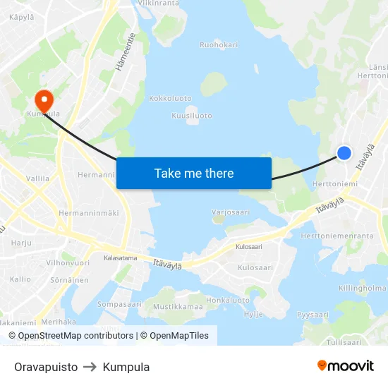 Squirrel Park to Kumpula map