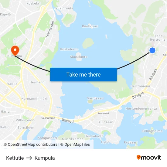 Kettutie to Kumpula map