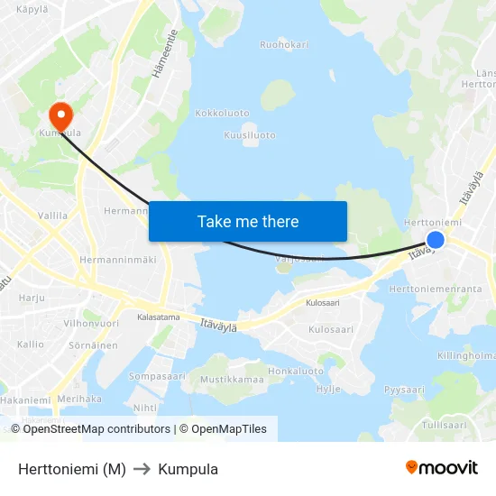 Herttoniemi (M) to Kumpula map