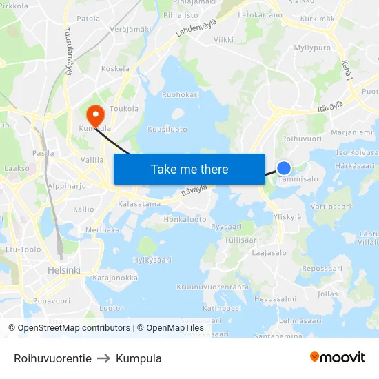 Roihuvuorentie to Kumpula map