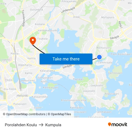 Porolahti School to Kumpula map