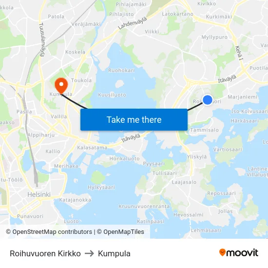 Roihuvuoren Kirkko to Kumpula map