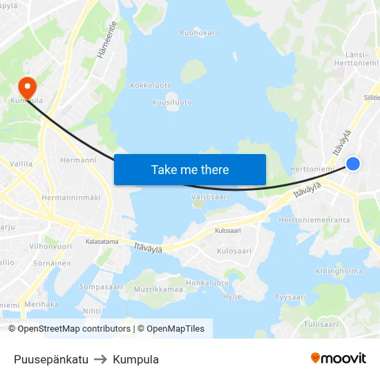 Puusepänkatu to Kumpula map