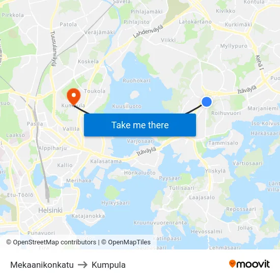 Mekaanikonkatu to Kumpula map