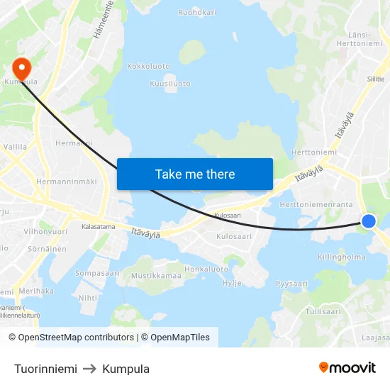 Tuorinniemi to Kumpula map