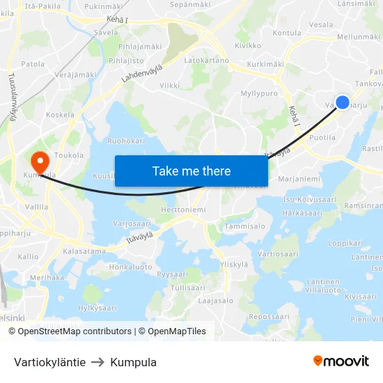 Vartiokyla Road to Kumpula map