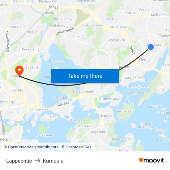 Lappeentie to Kumpula map