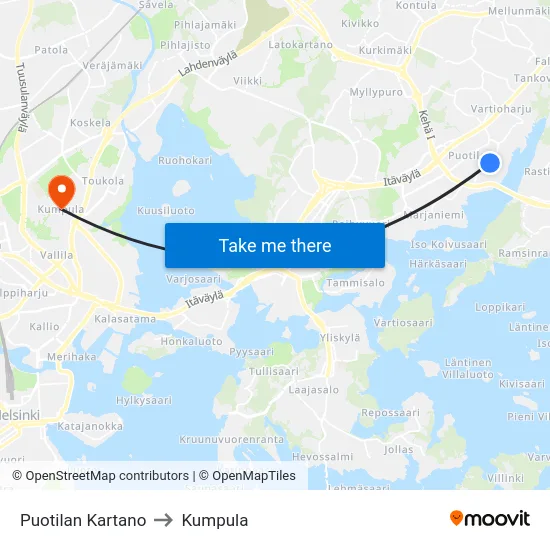 Puotilan Kartano to Kumpula map