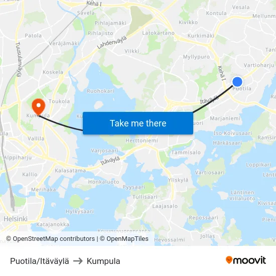 Puotila/Itäväylä to Kumpula map