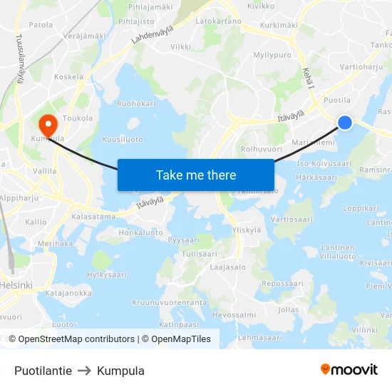Puotilantie to Kumpula map