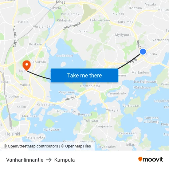Vanhanlinnantie to Kumpula map