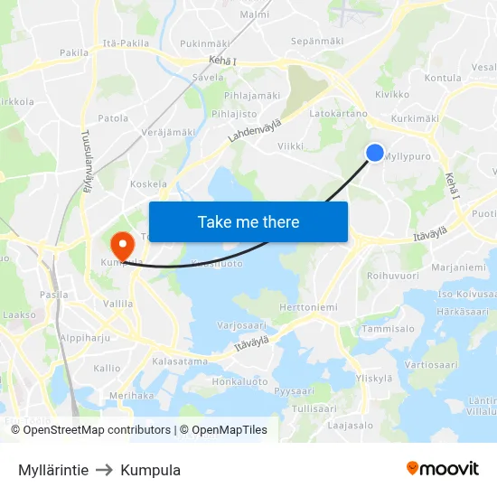 Miller Street to Kumpula map