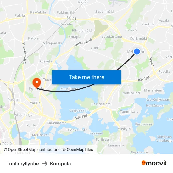 Tuulimyllyntie to Kumpula map