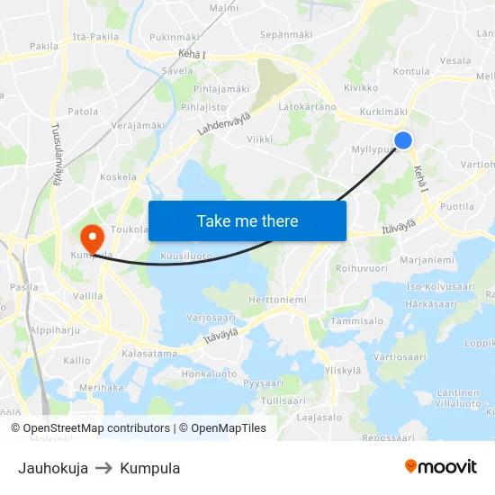 Jauhokuja to Kumpula map