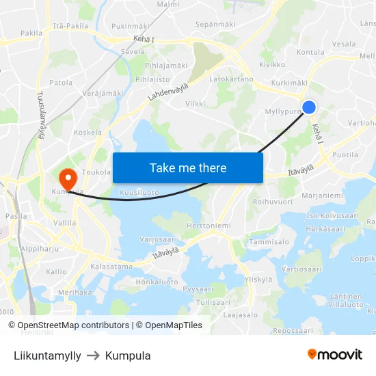 Liikuntamylly to Kumpula map