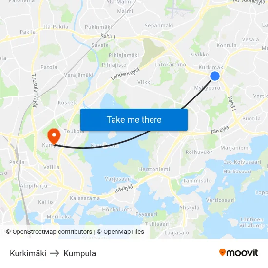 Kurkimäki to Kumpula map