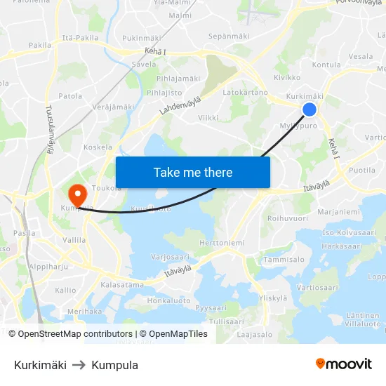 Kurkimäki to Kumpula map