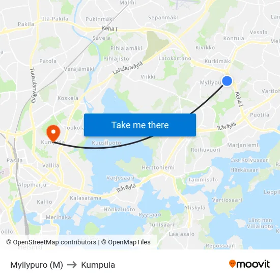 Myllypuro (M) to Kumpula map