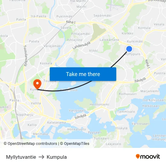 Myllytuvantie to Kumpula map