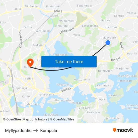 Myllypadontie to Kumpula map