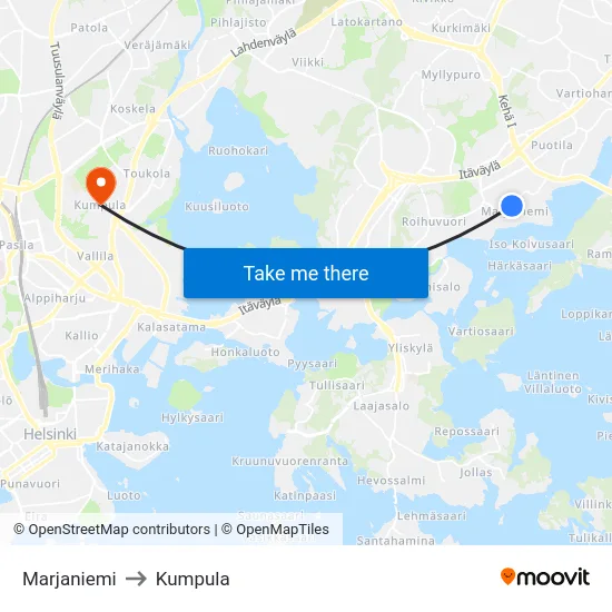 Marjaniemi to Kumpula map