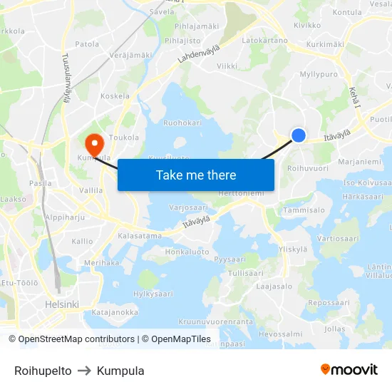 Roihupelto [Lanterna] to Kumpula map