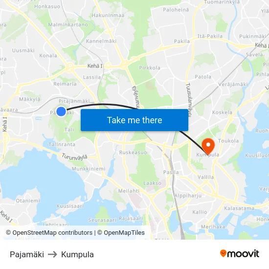 Pajamäki to Kumpula map