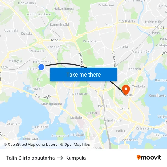 Tali Community Garden to Kumpula map