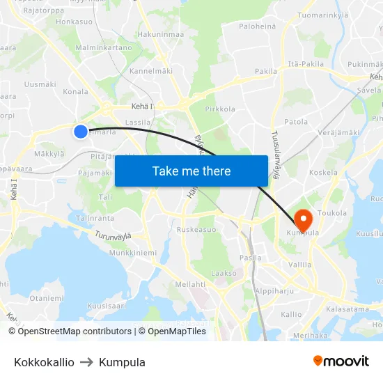 Kokkokallio to Kumpula map