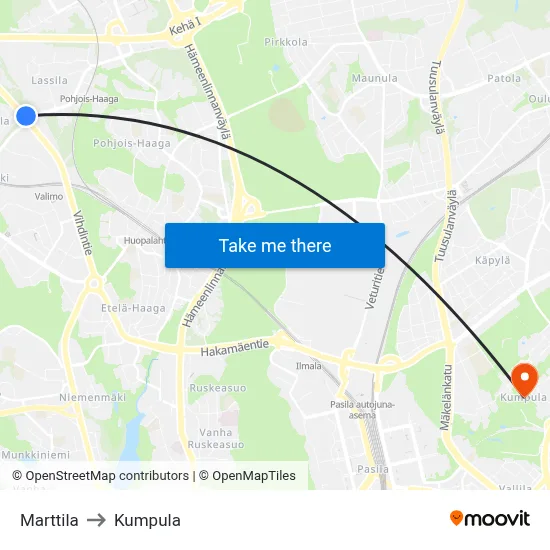Marttila to Kumpula map