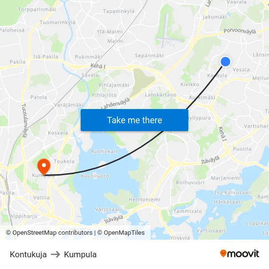 Kontukuja to Kumpula map