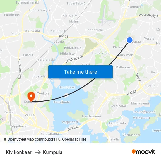 Kivikonkaari to Kumpula map