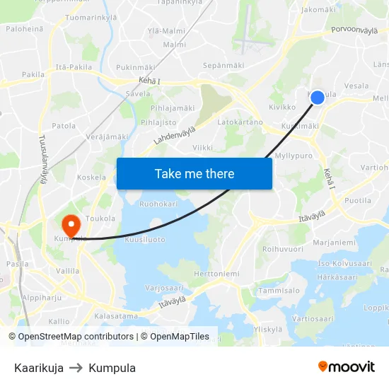 Kaarikuja to Kumpula map