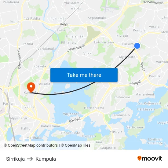 Sirrikuja to Kumpula map