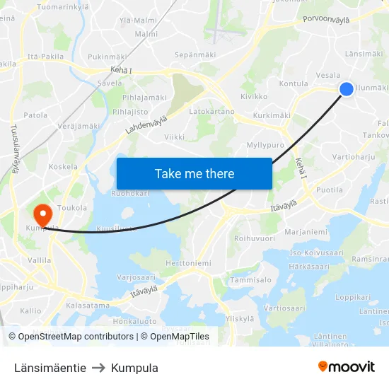 Länsimäentie to Kumpula map