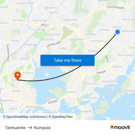 Tanhuantie to Kumpula map