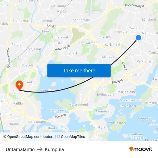 Untamalantie to Kumpula map